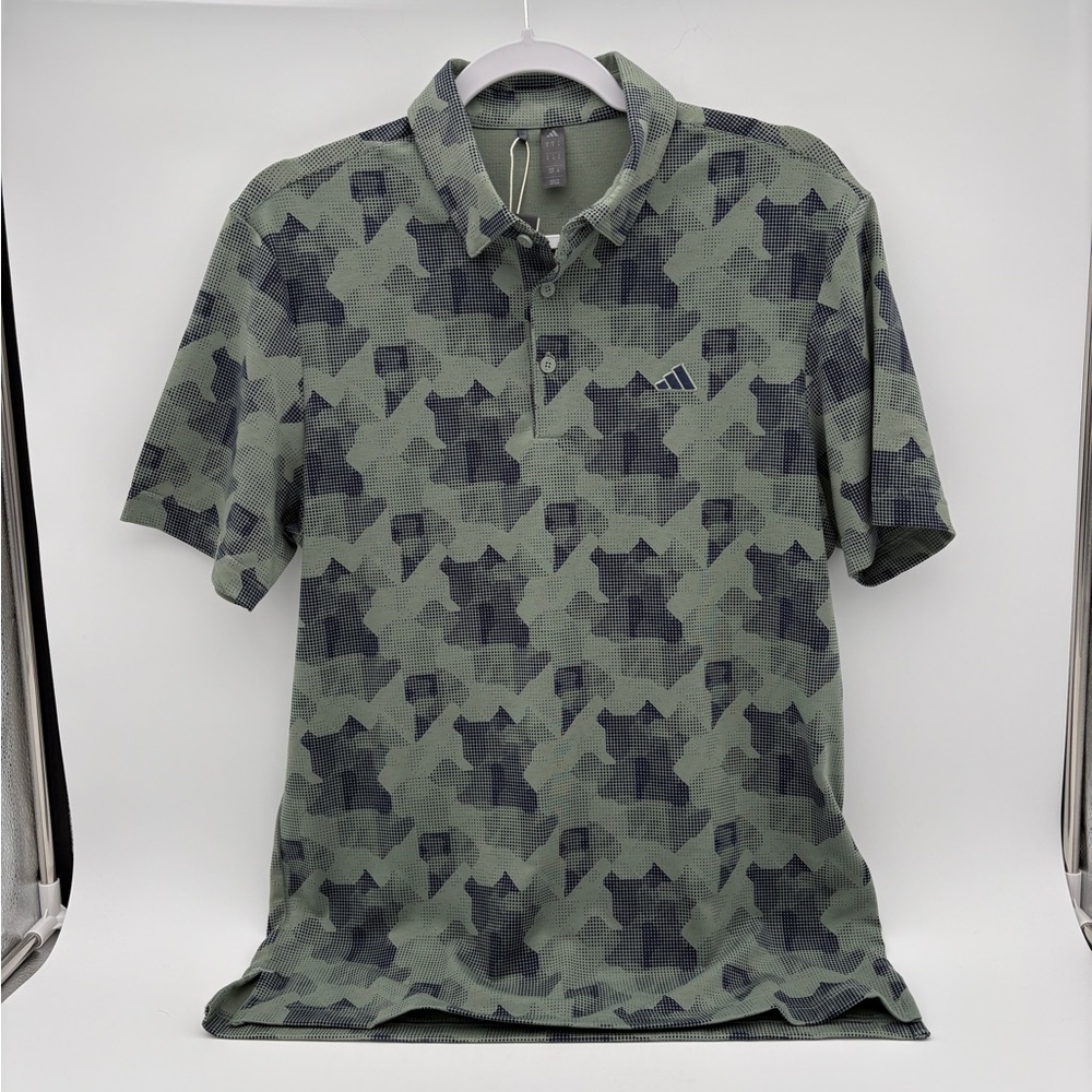 NWT Mens Adidas Golf GoTo Print Shirt Silver Green Collegiate Navy Golf Polo